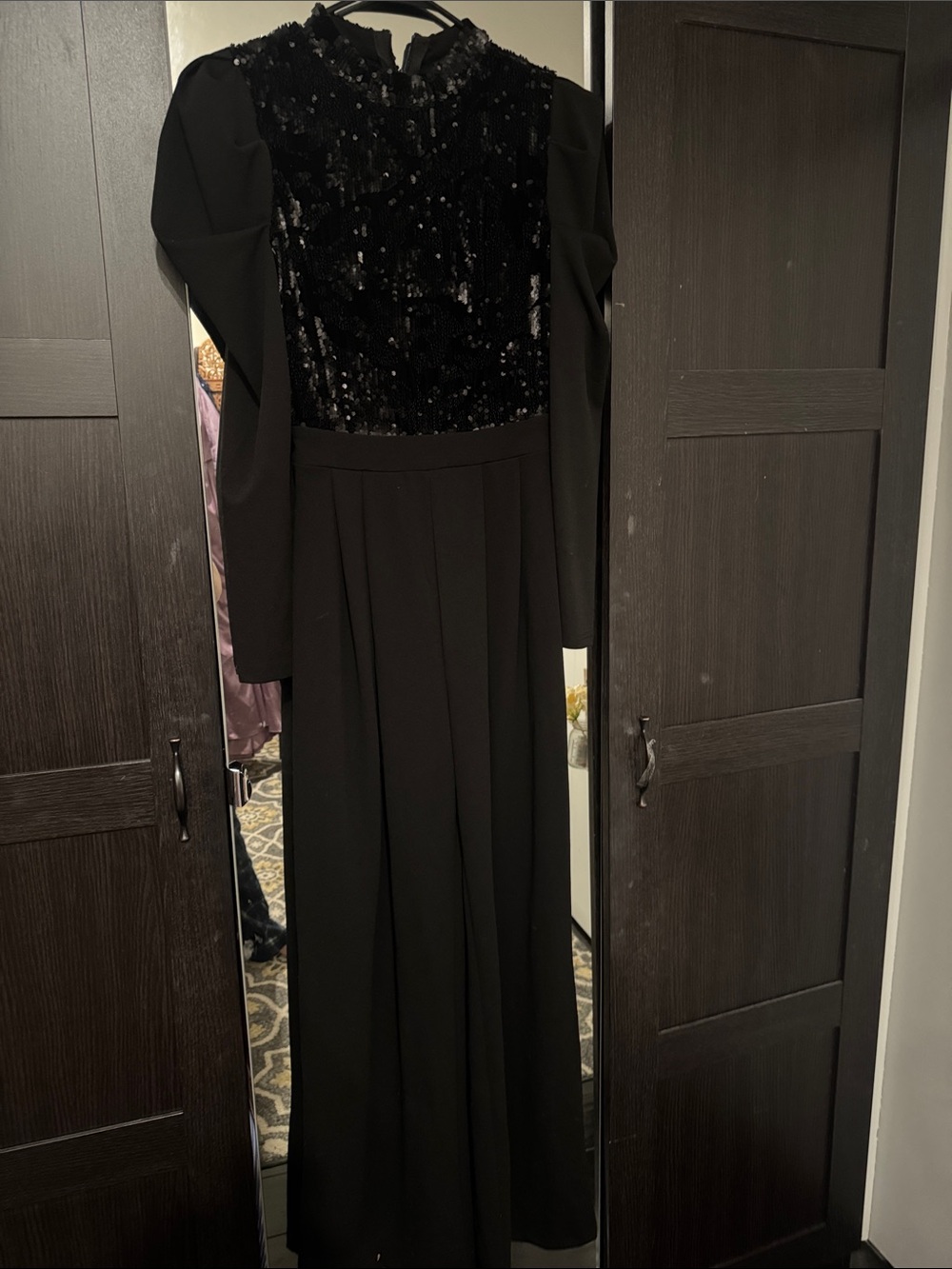 Black Sequin Bodice Long Sleeve Maxi Dress